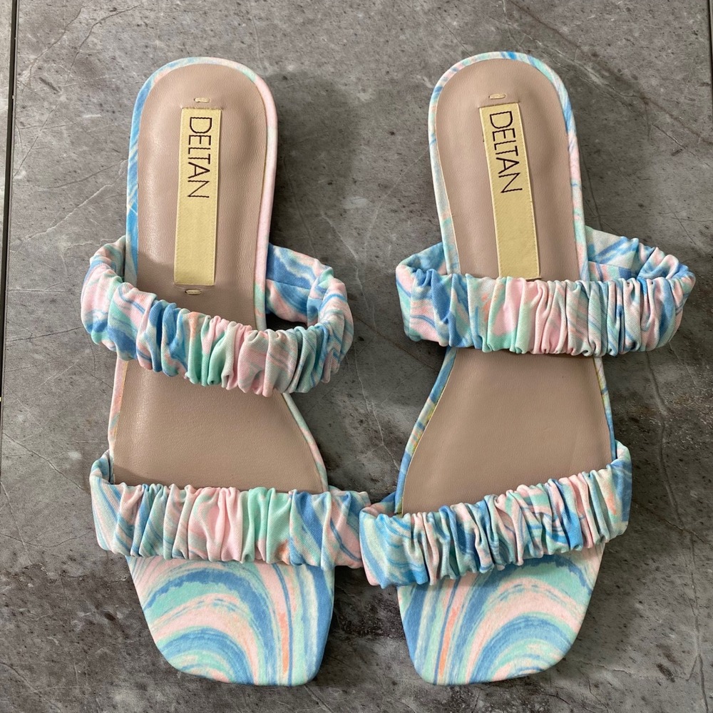 Deltan Womens Pastel Marble Ruched Strap Square Toe Flat Slide Sandals Size 7.5M